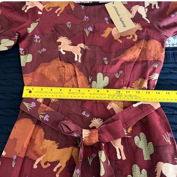 🏷️MODCLOTH PRINCESS HIGHWAY Equestrian Puff Sleeve Linen Cotton Midi Dress Sz 8 - Picture 11 of 13